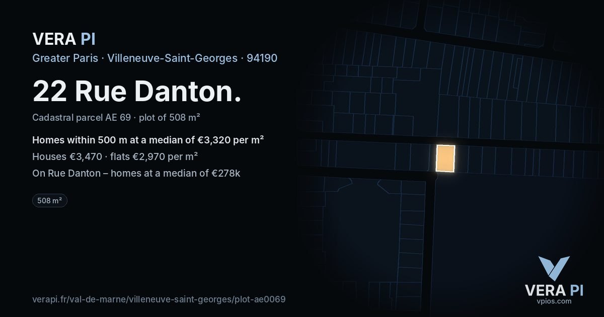 22 Rue Danton, Villeneuve-Saint-Georges at night – the plot lit, the parcels around coloured by the prices near them
