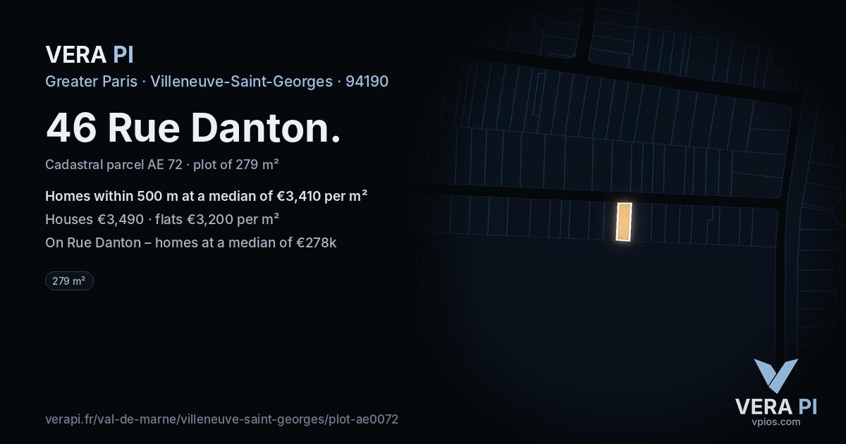46 Rue Danton, Villeneuve-Saint-Georges at night – the plot lit, the parcels around coloured by the prices near them
