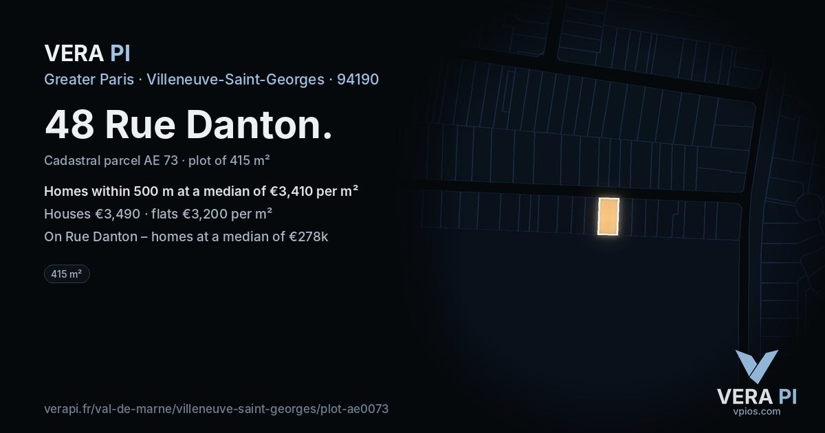 48 Rue Danton, Villeneuve-Saint-Georges at night – the plot lit, the parcels around coloured by the prices near them