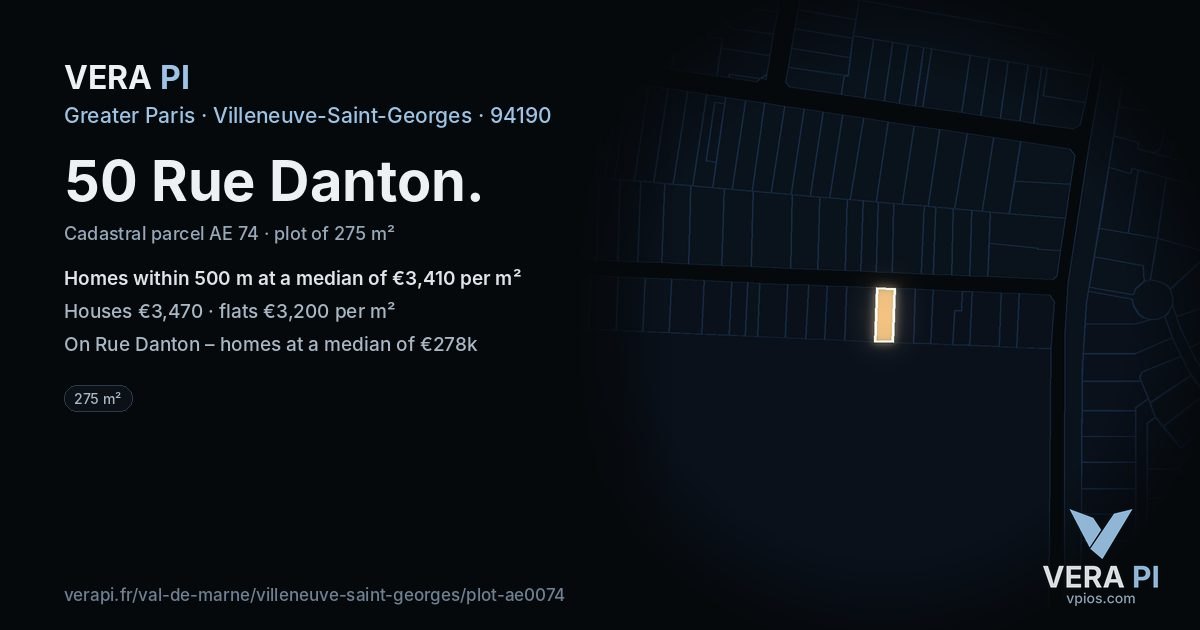 50 Rue Danton, Villeneuve-Saint-Georges at night – the plot lit, the parcels around coloured by the prices near them