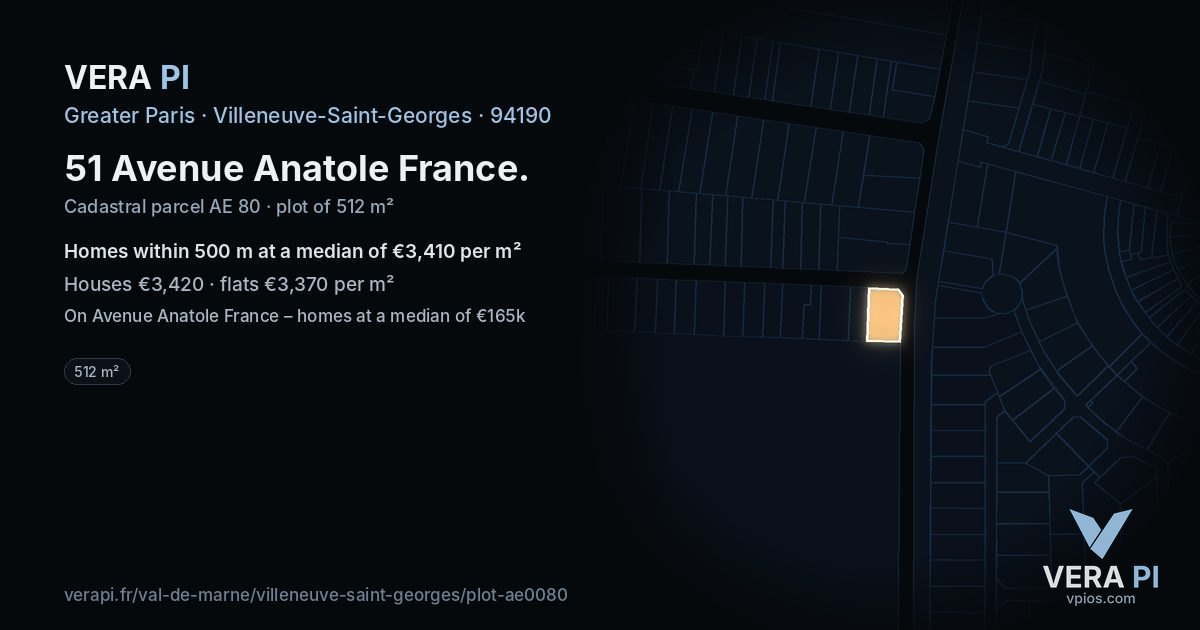 51 Avenue Anatole France, Villeneuve-Saint-Georges at night – the plot lit, the parcels around coloured by the prices near them