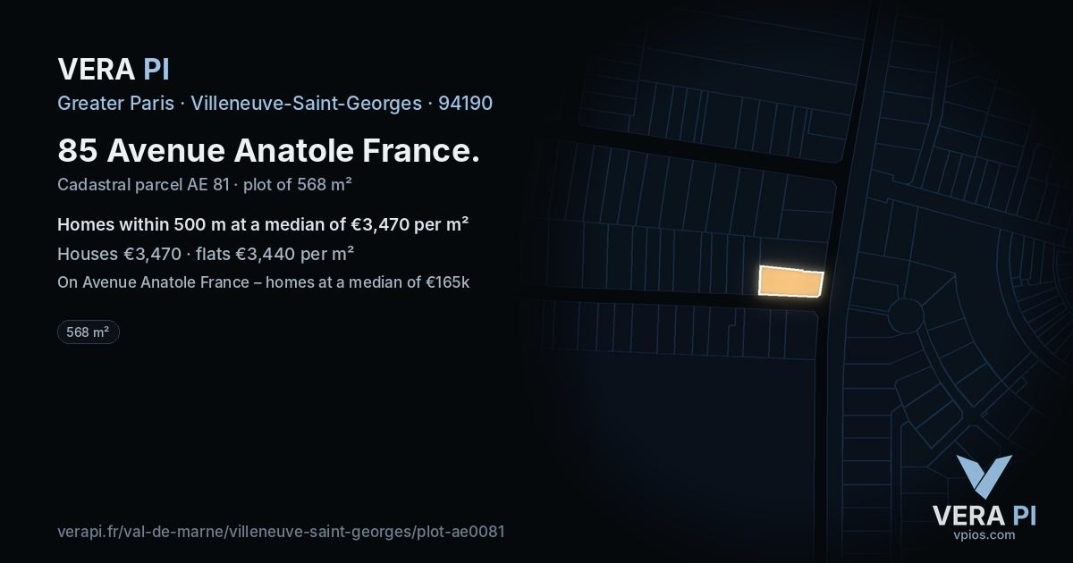 85 Avenue Anatole France, Villeneuve-Saint-Georges at night – the plot lit, the parcels around coloured by the prices near them