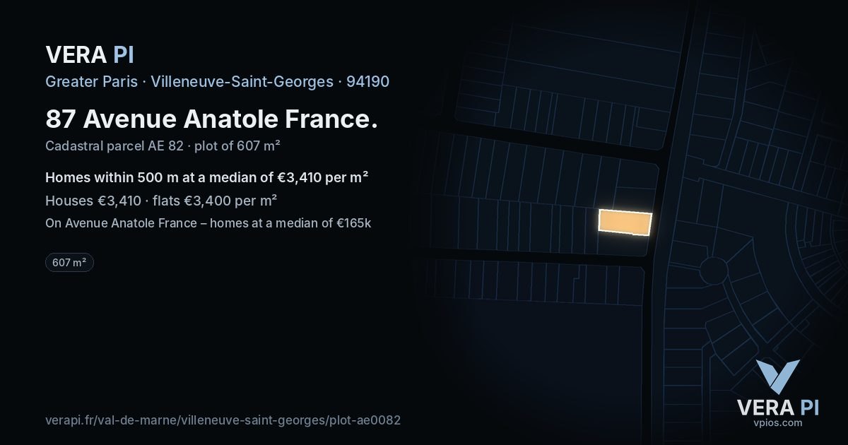 87 Avenue Anatole France, Villeneuve-Saint-Georges at night – the plot lit, the parcels around coloured by the prices near them