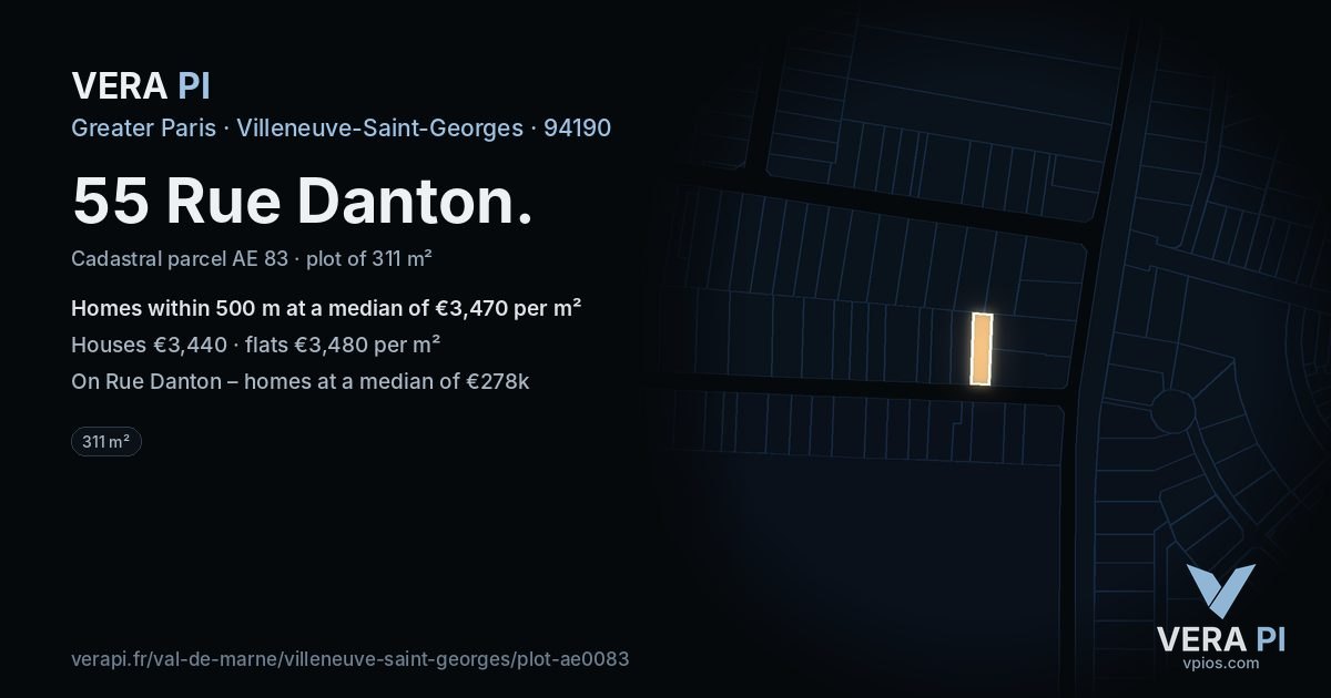 55 Rue Danton, Villeneuve-Saint-Georges at night – the plot lit, the parcels around coloured by the prices near them