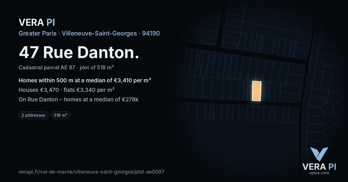 47 Rue Danton, Villeneuve-Saint-Georges at night – the plot lit, the parcels around coloured by the prices near them