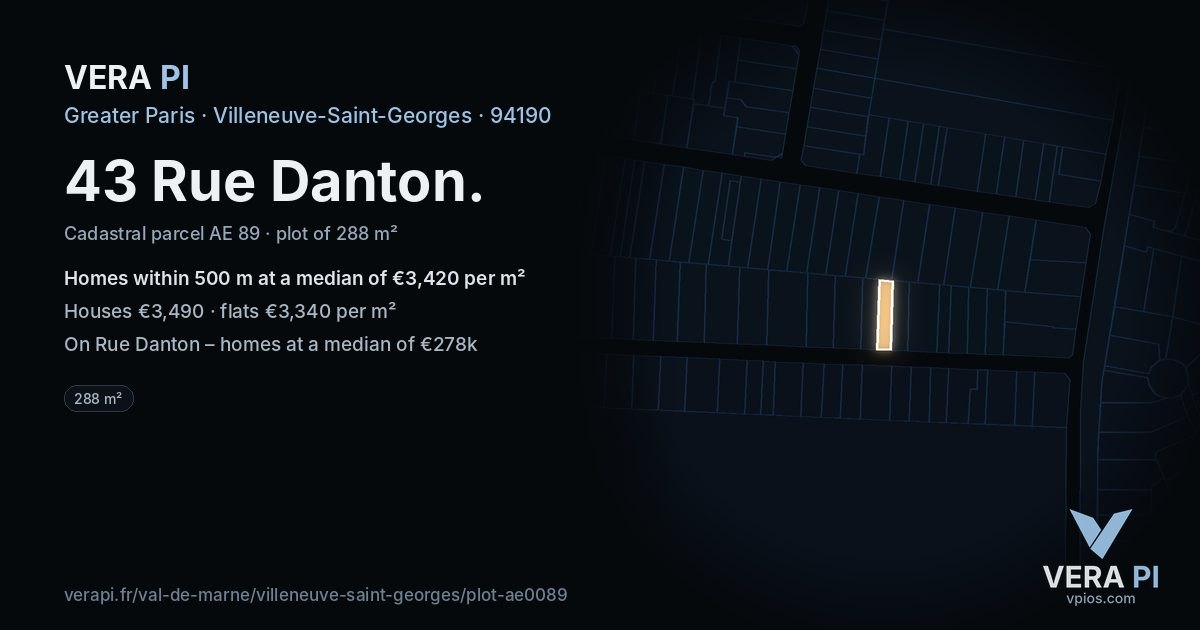 43 Rue Danton, Villeneuve-Saint-Georges at night – the plot lit, the parcels around coloured by the prices near them