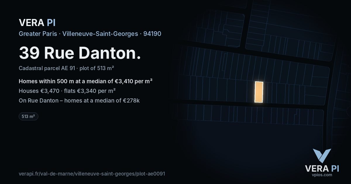 39 Rue Danton, Villeneuve-Saint-Georges at night – the plot lit, the parcels around coloured by the prices near them