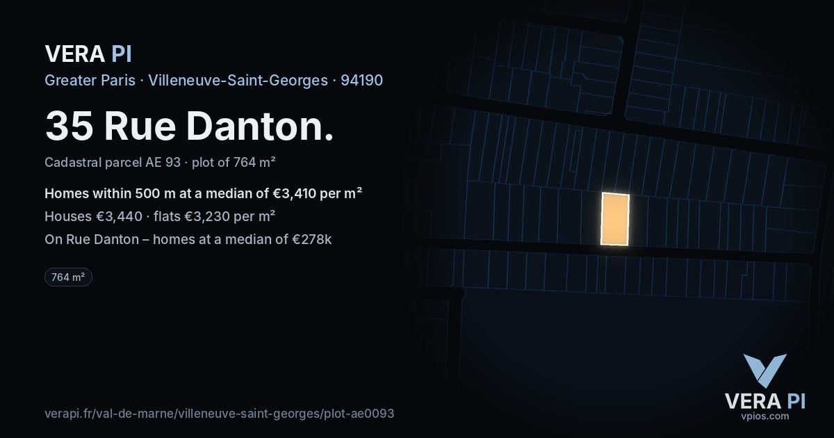 35 Rue Danton, Villeneuve-Saint-Georges at night – the plot lit, the parcels around coloured by the prices near them