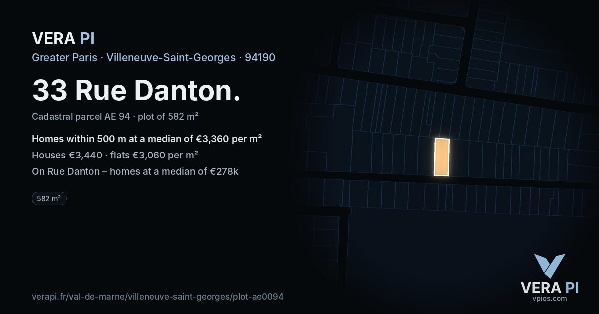 33 Rue Danton, Villeneuve-Saint-Georges at night – the plot lit, the parcels around coloured by the prices near them