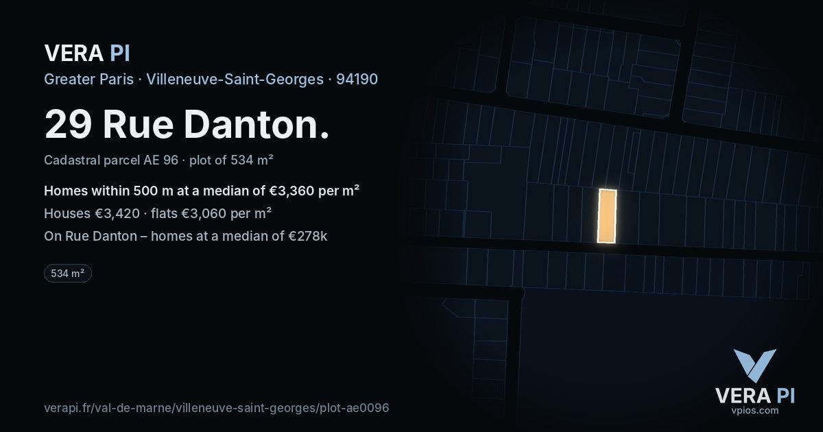 29 Rue Danton, Villeneuve-Saint-Georges at night – the plot lit, the parcels around coloured by the prices near them
