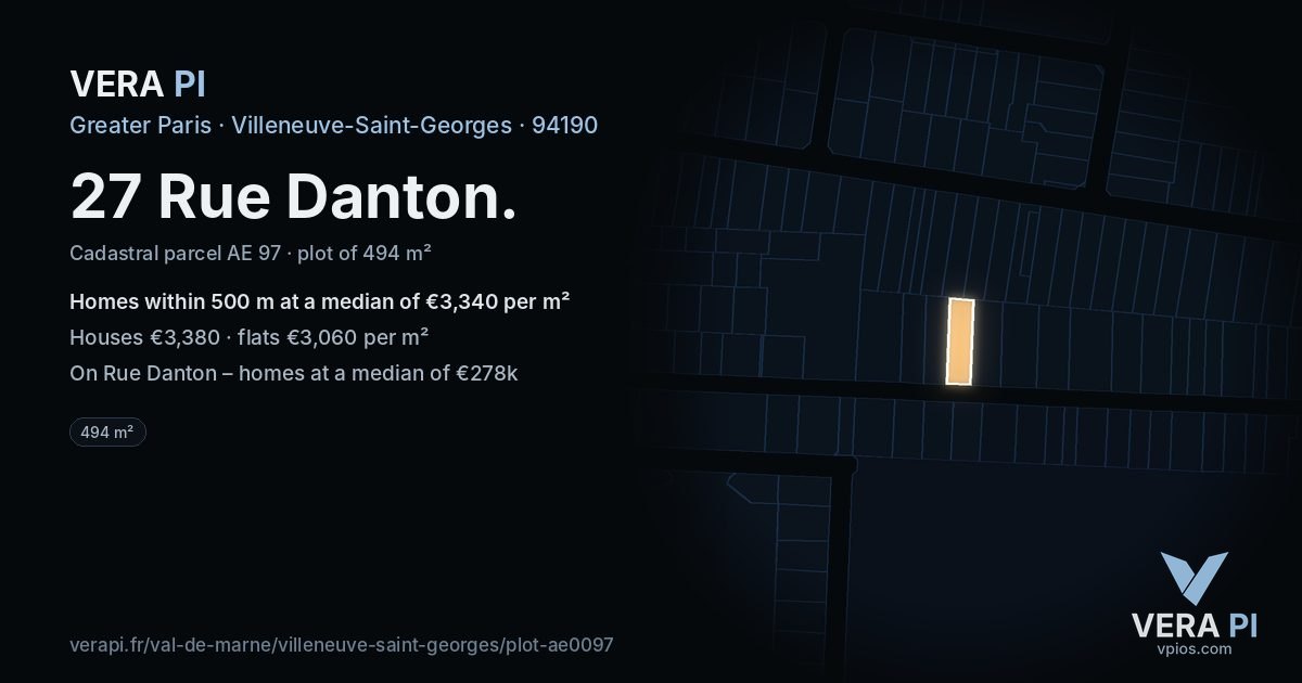 27 Rue Danton, Villeneuve-Saint-Georges at night – the plot lit, the parcels around coloured by the prices near them