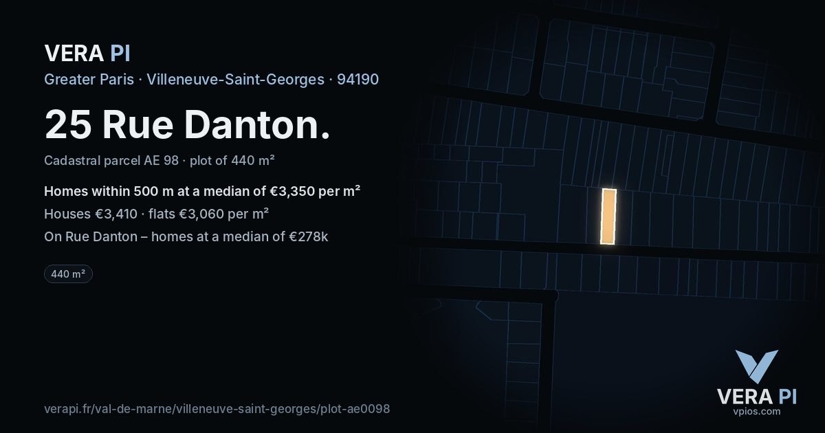 25 Rue Danton, Villeneuve-Saint-Georges at night – the plot lit, the parcels around coloured by the prices near them
