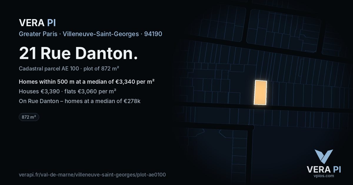 21 Rue Danton, Villeneuve-Saint-Georges at night – the plot lit, the parcels around coloured by the prices near them