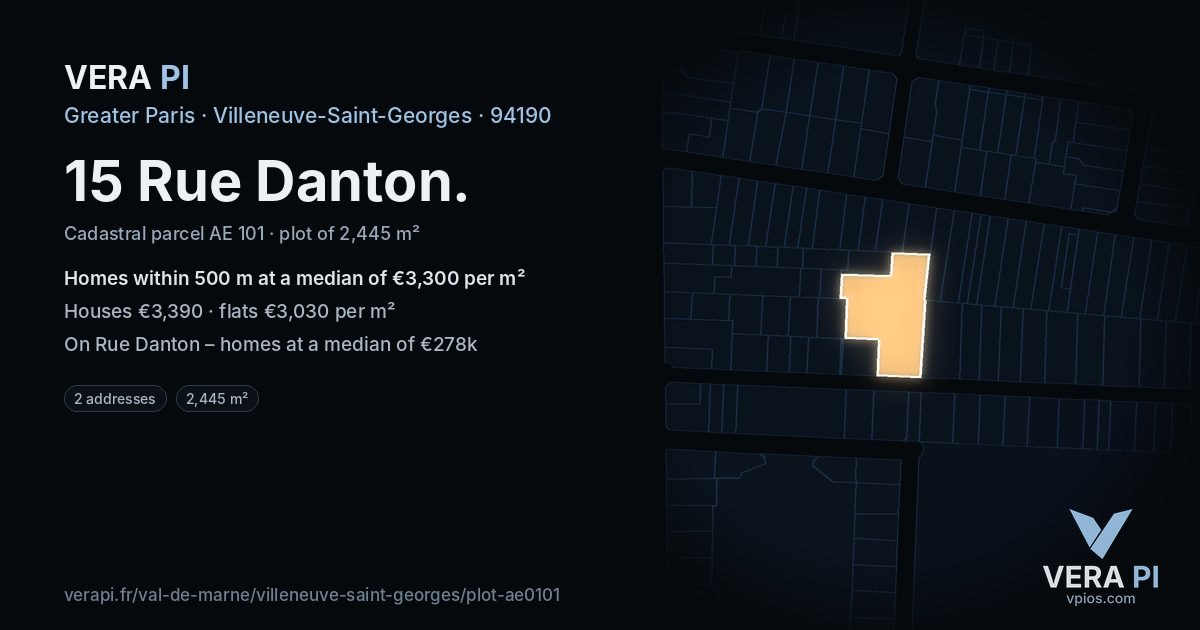 15 Rue Danton, Villeneuve-Saint-Georges at night – the plot lit, the parcels around coloured by the prices near them