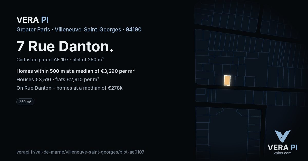 7 Rue Danton, Villeneuve-Saint-Georges at night – the plot lit, the parcels around coloured by the prices near them