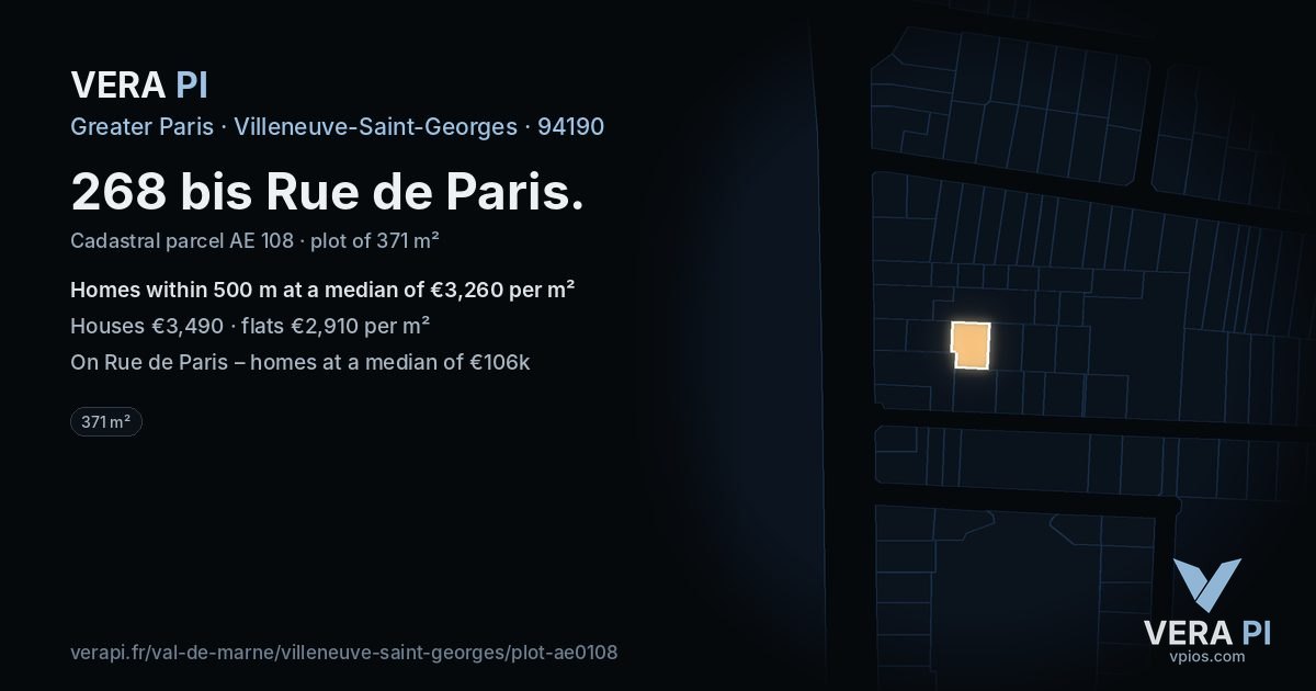 268 bis Rue de Paris, Villeneuve-Saint-Georges at night – the plot lit, the parcels around coloured by the prices near them