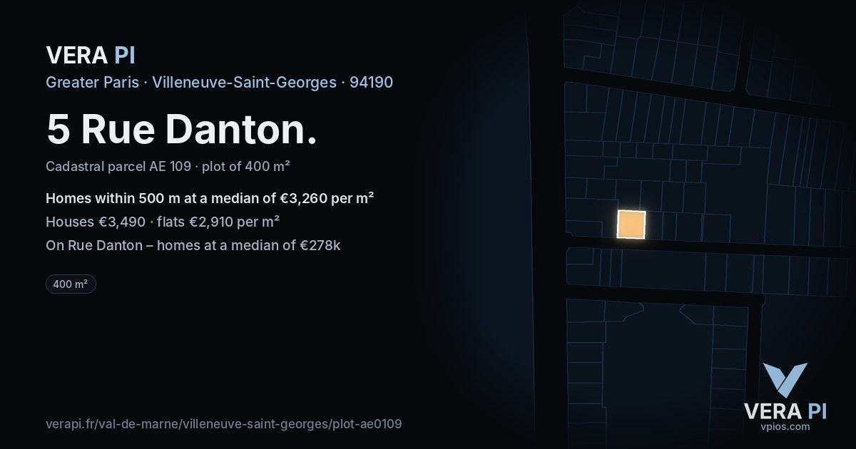 5 Rue Danton, Villeneuve-Saint-Georges at night – the plot lit, the parcels around coloured by the prices near them