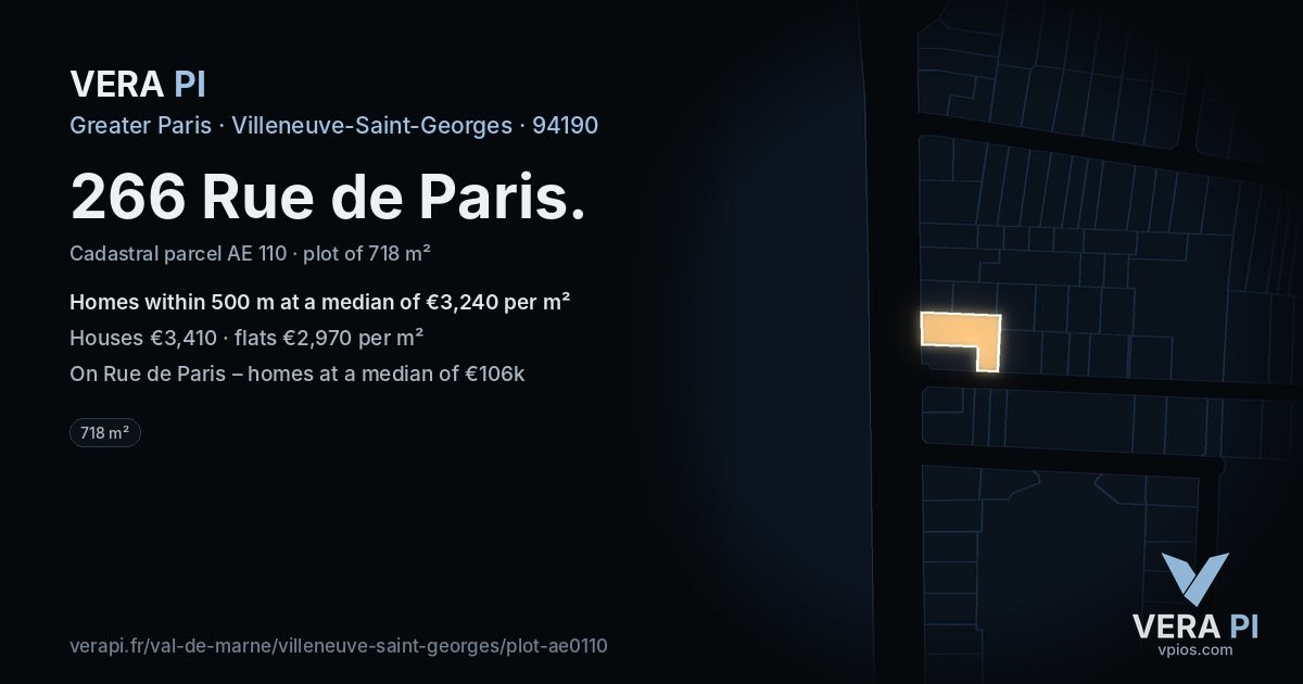 266 Rue de Paris, Villeneuve-Saint-Georges at night – the plot lit, the parcels around coloured by the prices near them