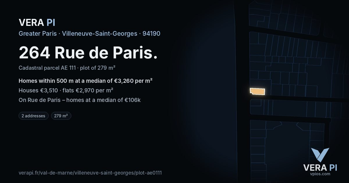 264 Rue de Paris, Villeneuve-Saint-Georges at night – the plot lit, the parcels around coloured by the prices near them