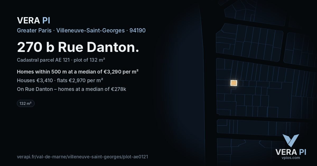 270 b Rue Danton, Villeneuve-Saint-Georges at night – the plot lit, the parcels around coloured by the prices near them