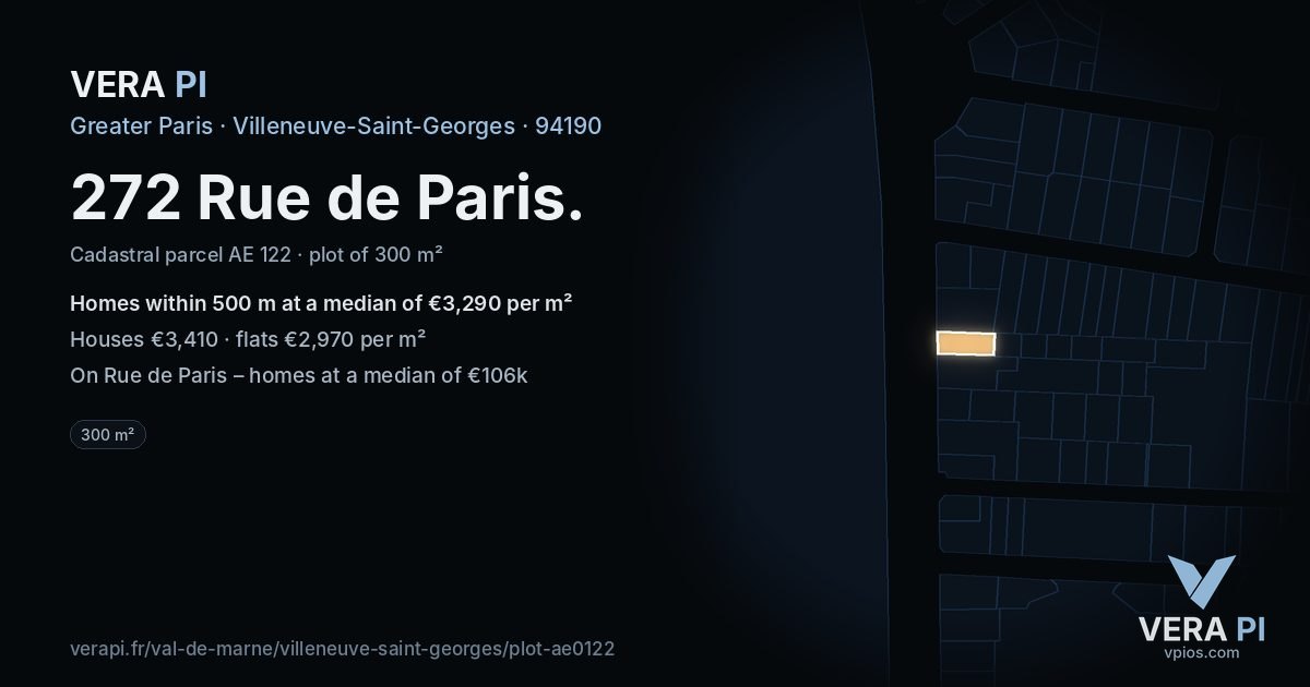 272 Rue de Paris, Villeneuve-Saint-Georges at night – the plot lit, the parcels around coloured by the prices near them