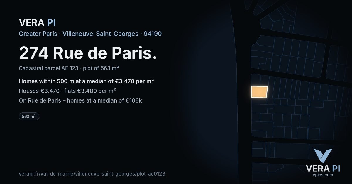 274 Rue de Paris, Villeneuve-Saint-Georges at night – the plot lit, the parcels around coloured by the prices near them