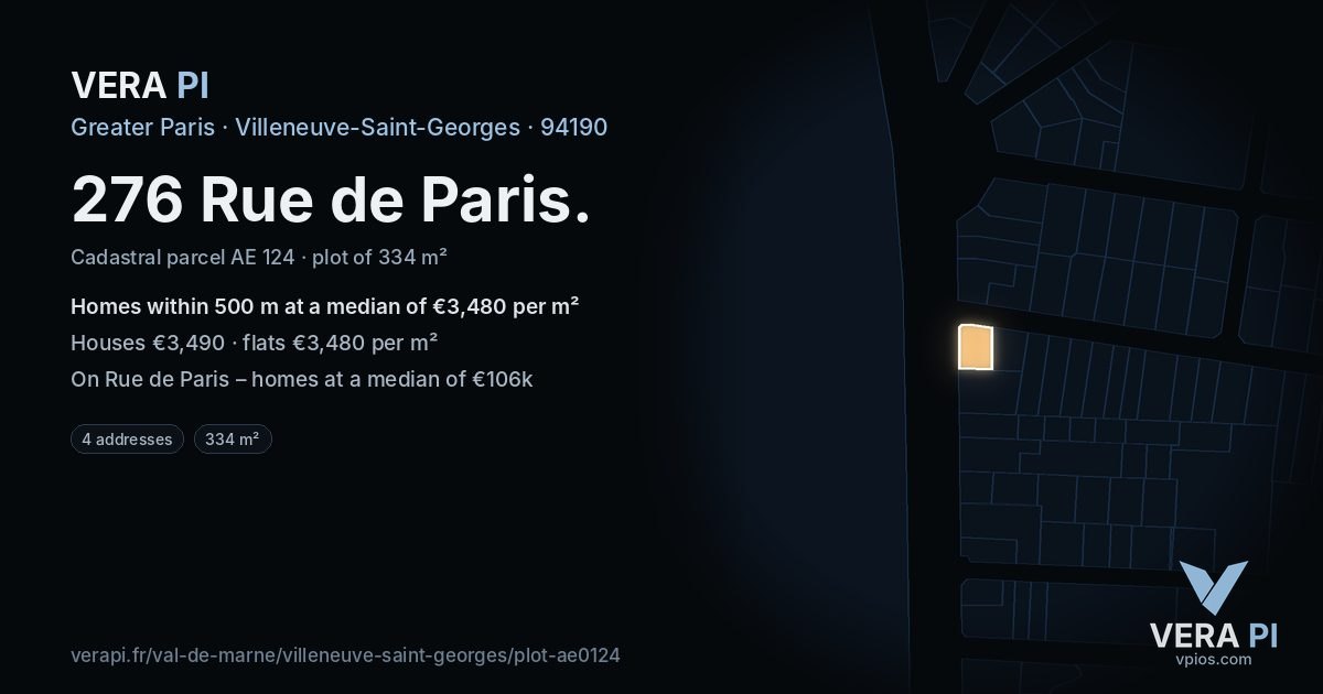 276 Rue de Paris, Villeneuve-Saint-Georges at night – the plot lit, the parcels around coloured by the prices near them