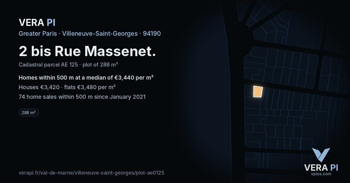 2 bis Rue Massenet, Villeneuve-Saint-Georges at night – the plot lit, the parcels around coloured by the prices near them