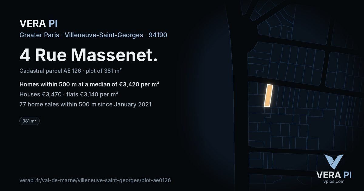 4 Rue Massenet, Villeneuve-Saint-Georges at night – the plot lit, the parcels around coloured by the prices near them