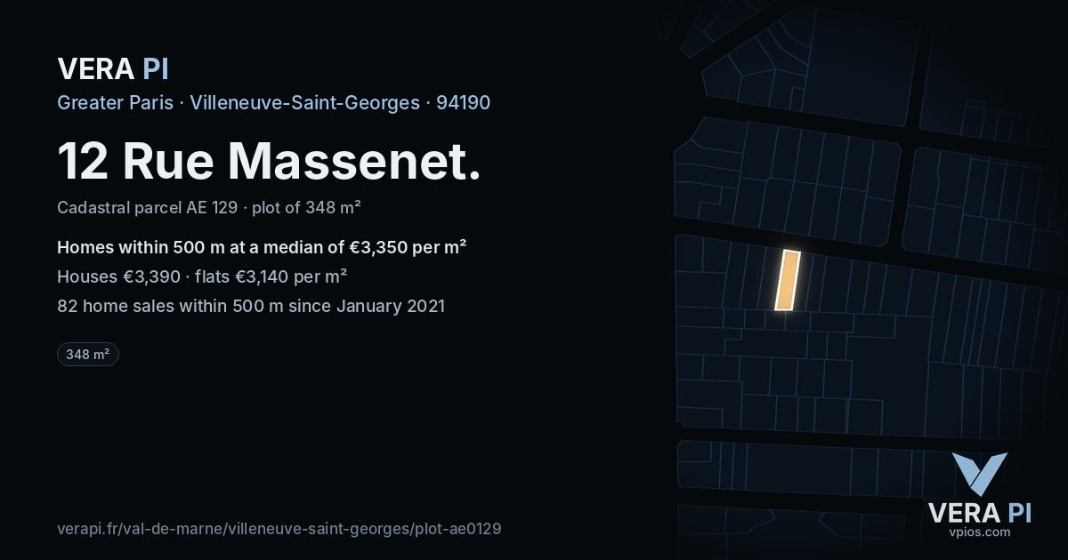 12 Rue Massenet, Villeneuve-Saint-Georges at night – the plot lit, the parcels around coloured by the prices near them