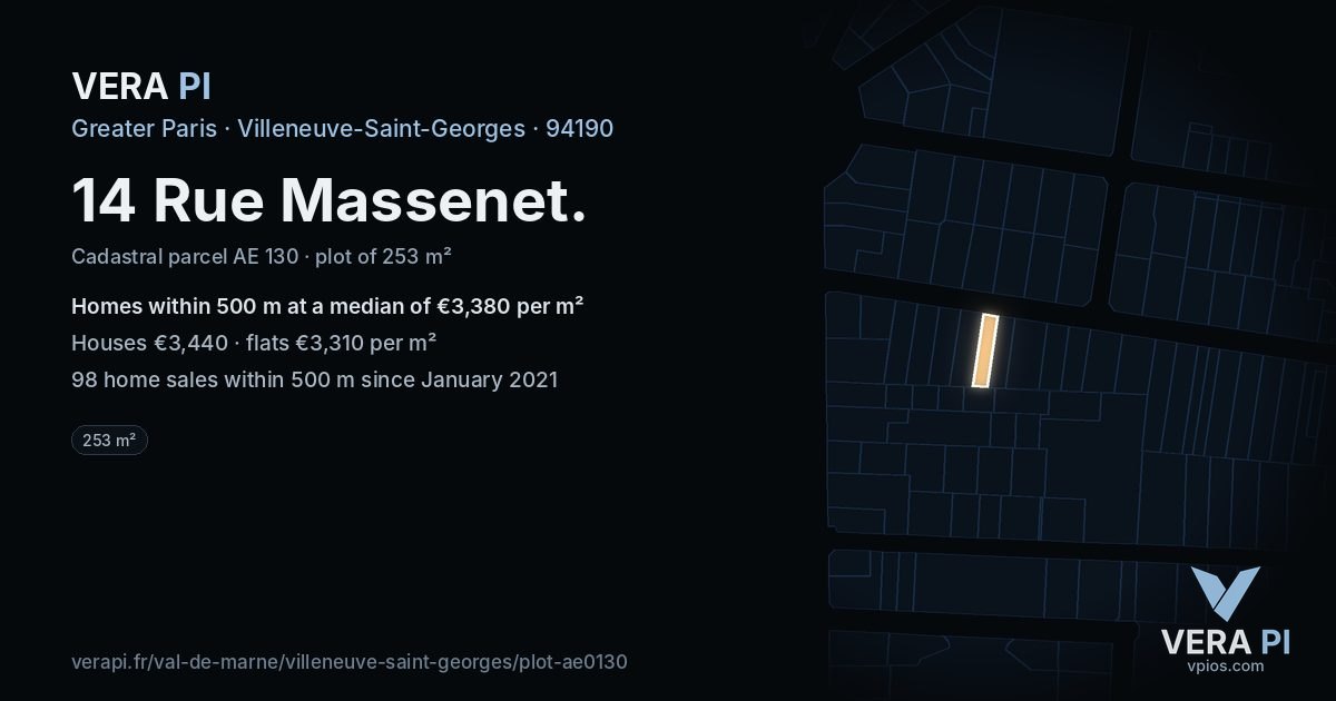 14 Rue Massenet, Villeneuve-Saint-Georges at night – the plot lit, the parcels around coloured by the prices near them