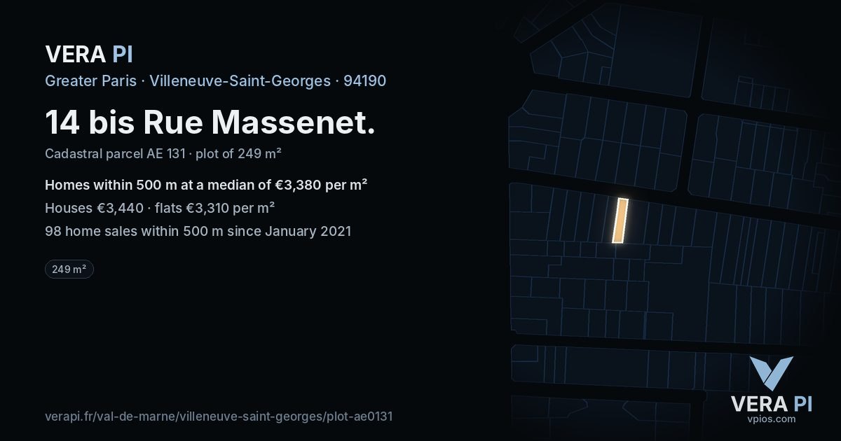 14 bis Rue Massenet, Villeneuve-Saint-Georges at night – the plot lit, the parcels around coloured by the prices near them