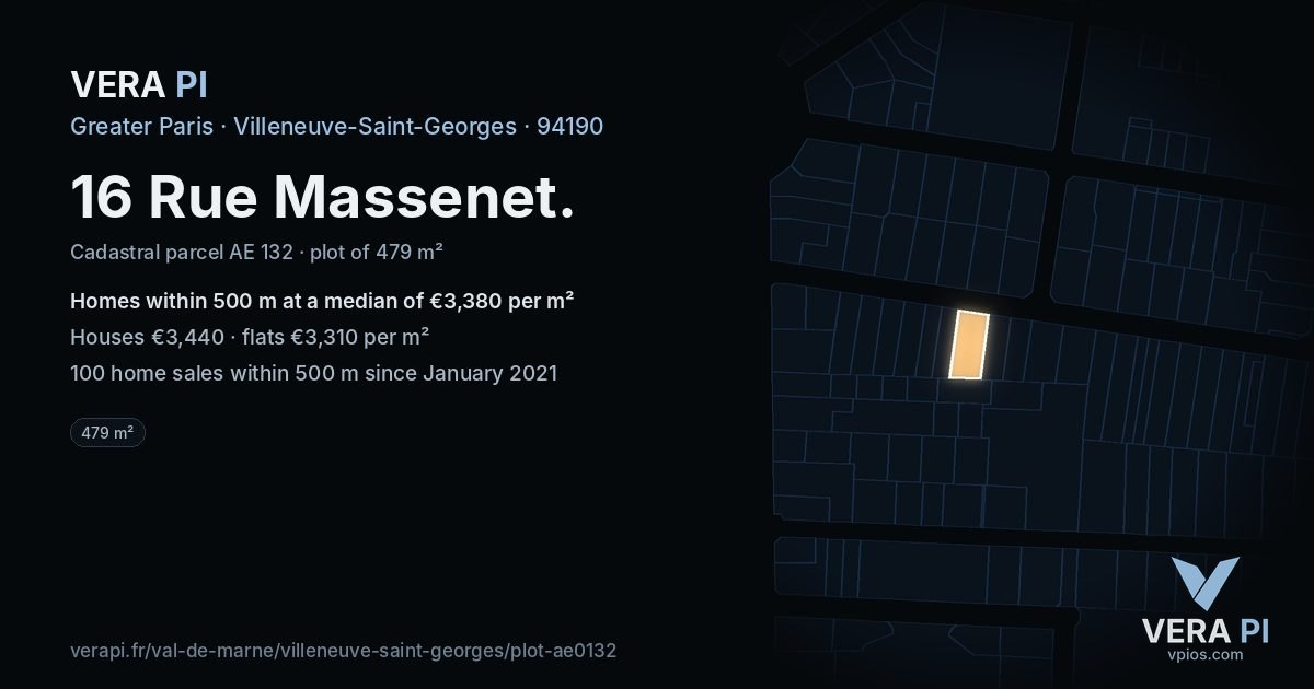 16 Rue Massenet, Villeneuve-Saint-Georges at night – the plot lit, the parcels around coloured by the prices near them