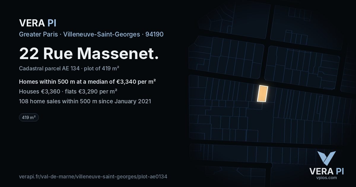 22 Rue Massenet, Villeneuve-Saint-Georges at night – the plot lit, the parcels around coloured by the prices near them