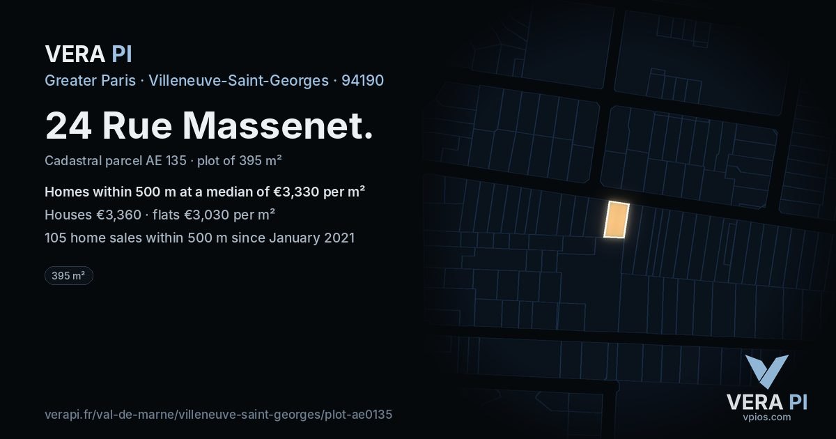 24 Rue Massenet, Villeneuve-Saint-Georges at night – the plot lit, the parcels around coloured by the prices near them