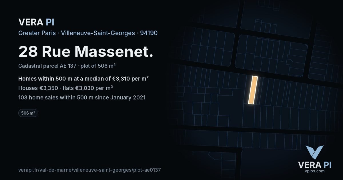 28 Rue Massenet, Villeneuve-Saint-Georges at night – the plot lit, the parcels around coloured by the prices near them