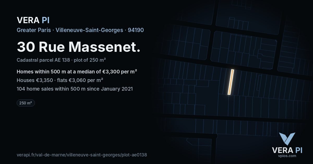 30 Rue Massenet, Villeneuve-Saint-Georges at night – the plot lit, the parcels around coloured by the prices near them