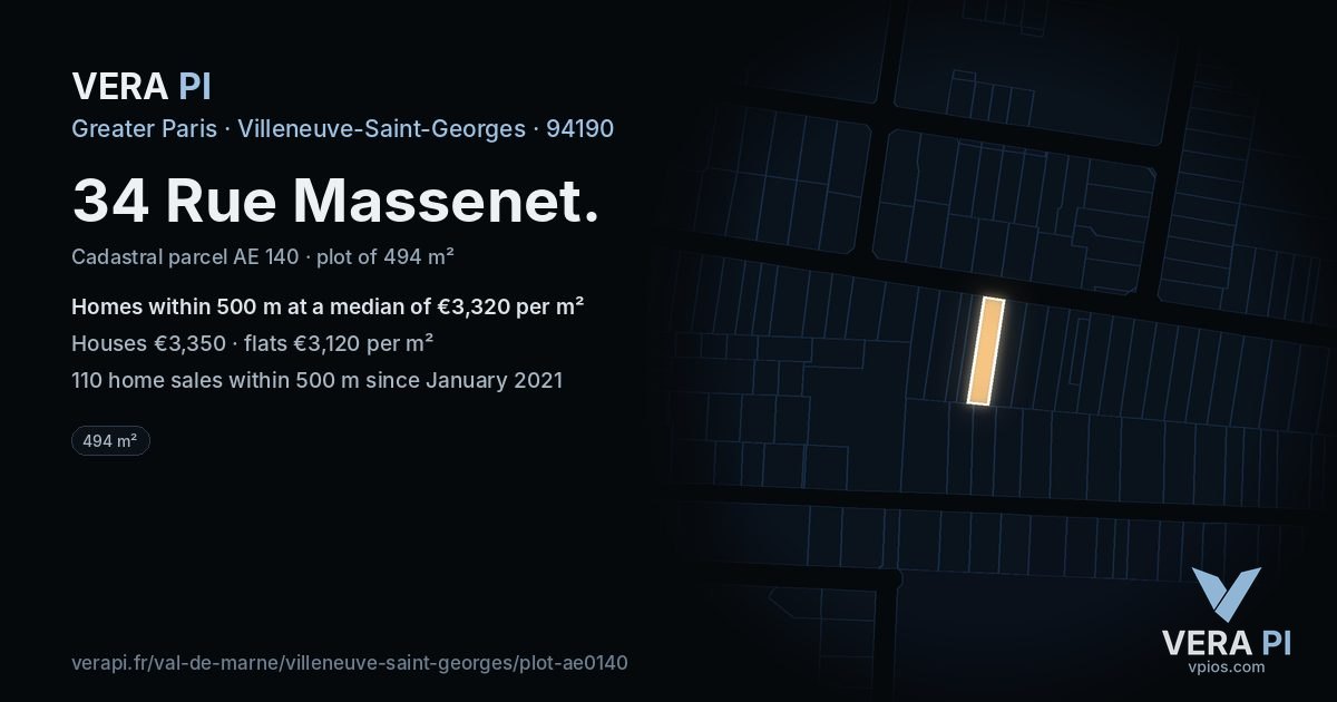 34 Rue Massenet, Villeneuve-Saint-Georges at night – the plot lit, the parcels around coloured by the prices near them