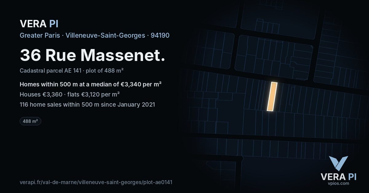 36 Rue Massenet, Villeneuve-Saint-Georges at night – the plot lit, the parcels around coloured by the prices near them
