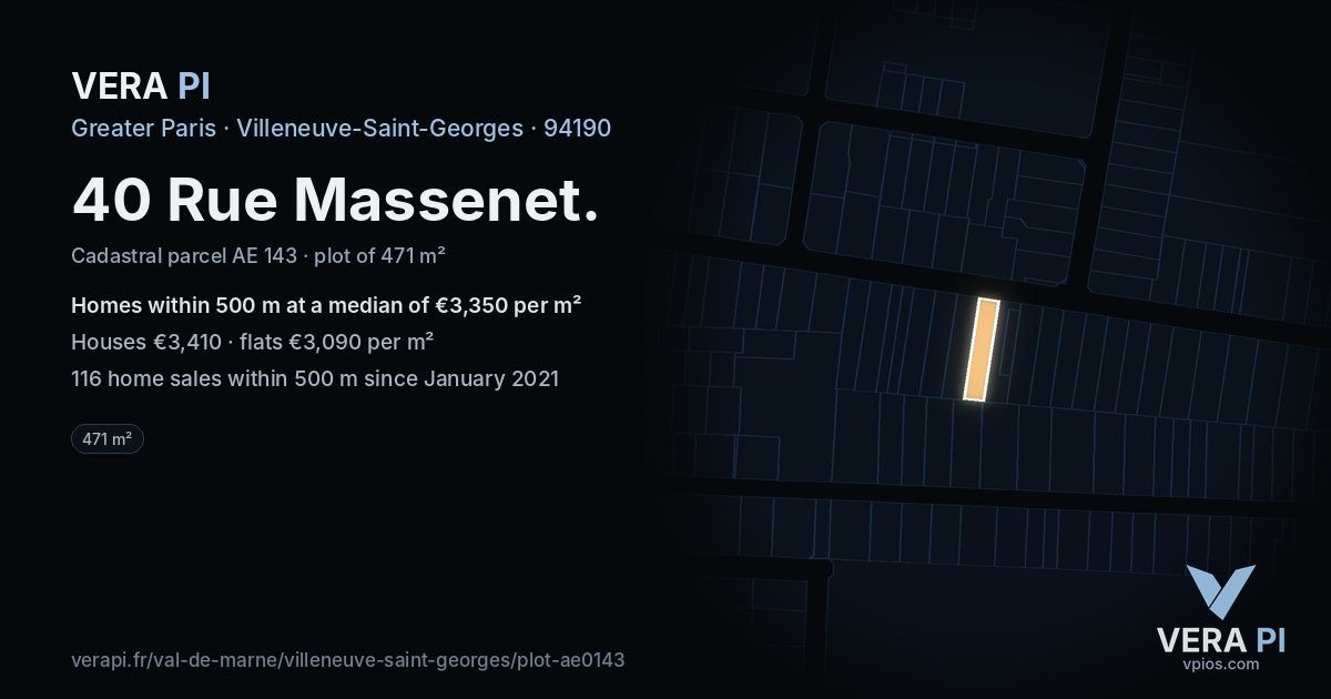 40 Rue Massenet, Villeneuve-Saint-Georges at night – the plot lit, the parcels around coloured by the prices near them