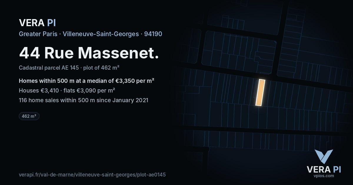 44 Rue Massenet, Villeneuve-Saint-Georges at night – the plot lit, the parcels around coloured by the prices near them