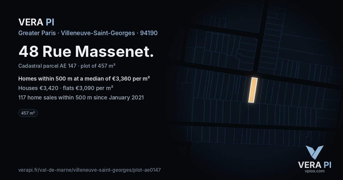 48 Rue Massenet, Villeneuve-Saint-Georges at night – the plot lit, the parcels around coloured by the prices near them