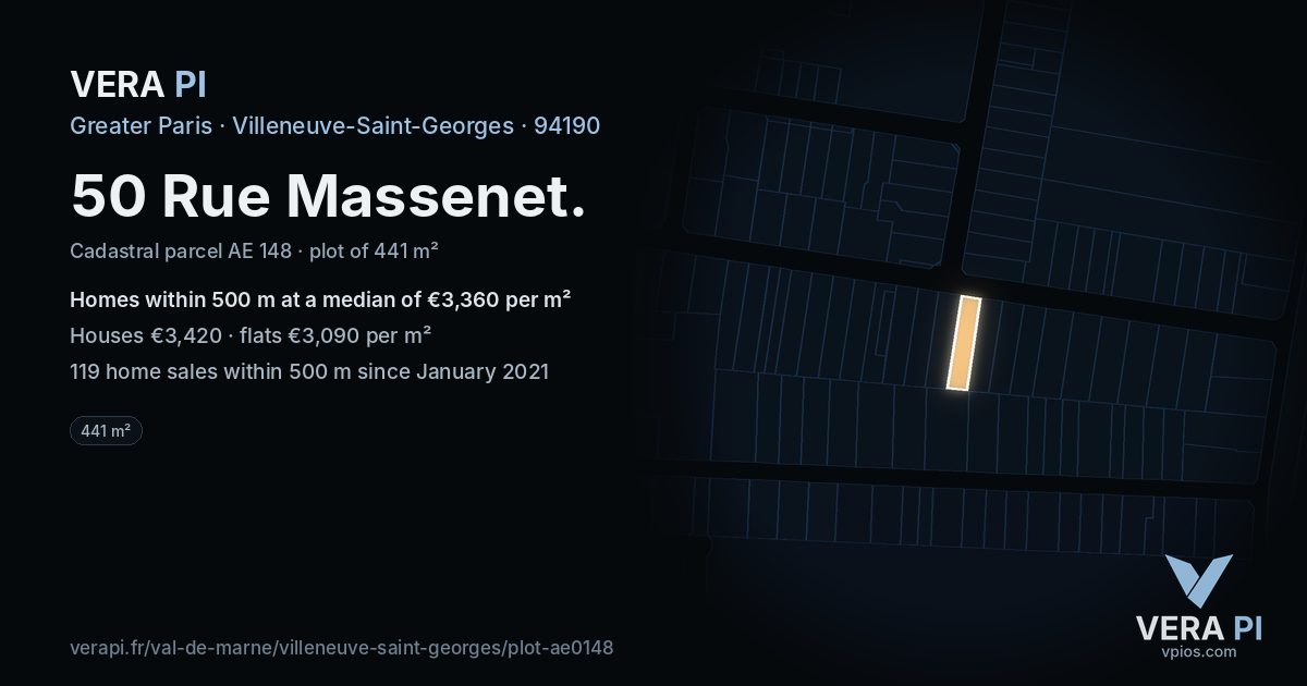 50 Rue Massenet, Villeneuve-Saint-Georges at night – the plot lit, the parcels around coloured by the prices near them