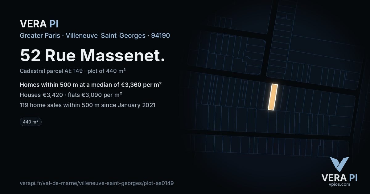 52 Rue Massenet, Villeneuve-Saint-Georges at night – the plot lit, the parcels around coloured by the prices near them