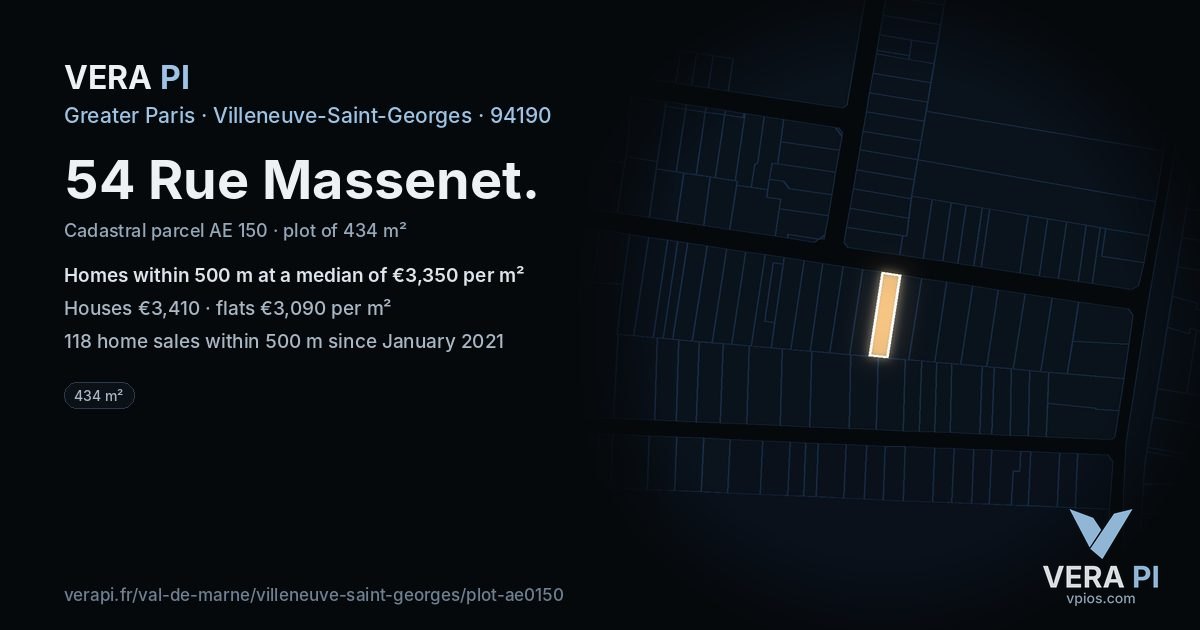 54 Rue Massenet, Villeneuve-Saint-Georges at night – the plot lit, the parcels around coloured by the prices near them