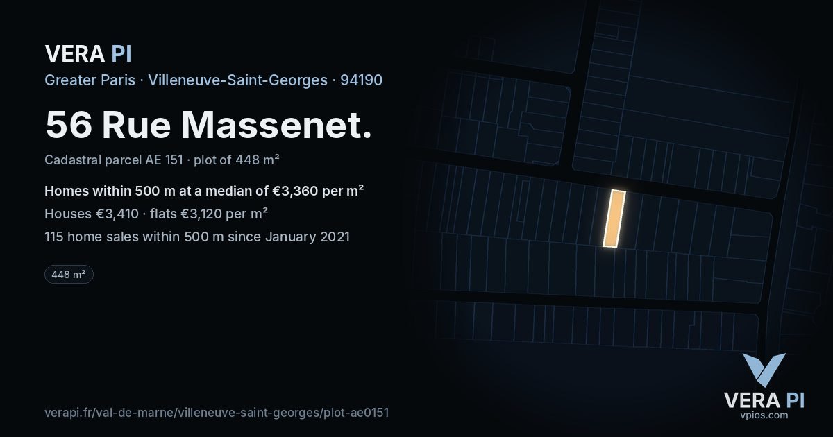 56 Rue Massenet, Villeneuve-Saint-Georges at night – the plot lit, the parcels around coloured by the prices near them