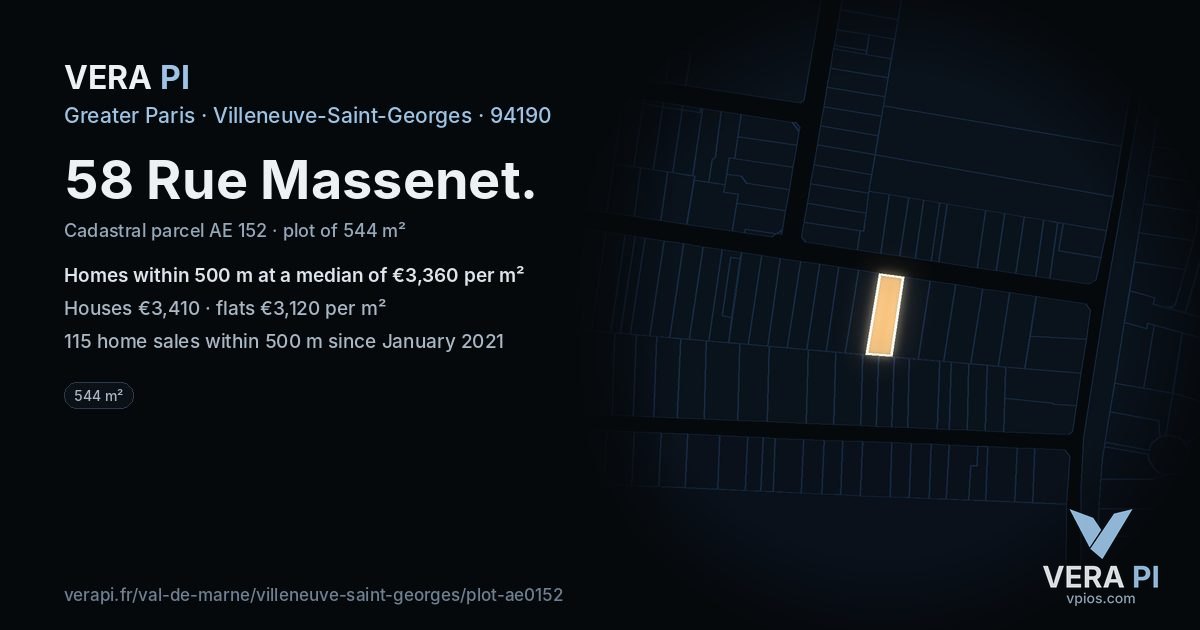 58 Rue Massenet, Villeneuve-Saint-Georges at night – the plot lit, the parcels around coloured by the prices near them
