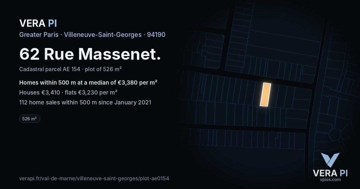 62 Rue Massenet, Villeneuve-Saint-Georges at night – the plot lit, the parcels around coloured by the prices near them