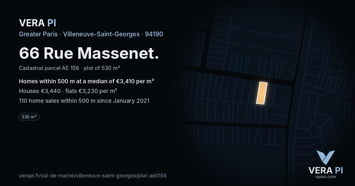 66 Rue Massenet, Villeneuve-Saint-Georges at night – the plot lit, the parcels around coloured by the prices near them