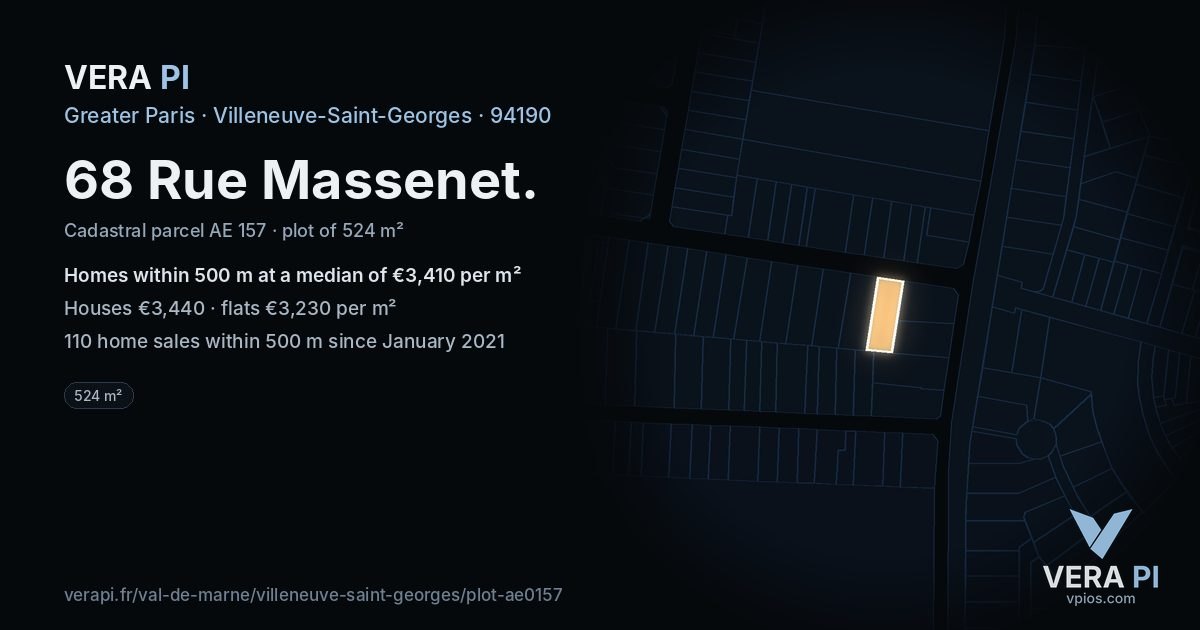 68 Rue Massenet, Villeneuve-Saint-Georges at night – the plot lit, the parcels around coloured by the prices near them